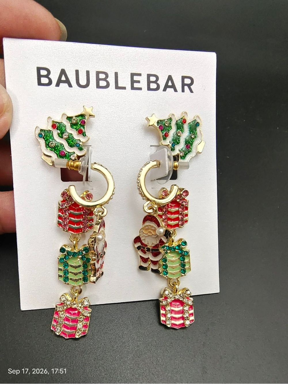 NWOTBaublebar Christmas Tree Santa Presents Earrings 3 Pair Gold Tone Post Hoops